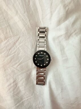 Bulova Silver Bracelet Watch with Black Dial and Crystal Markers